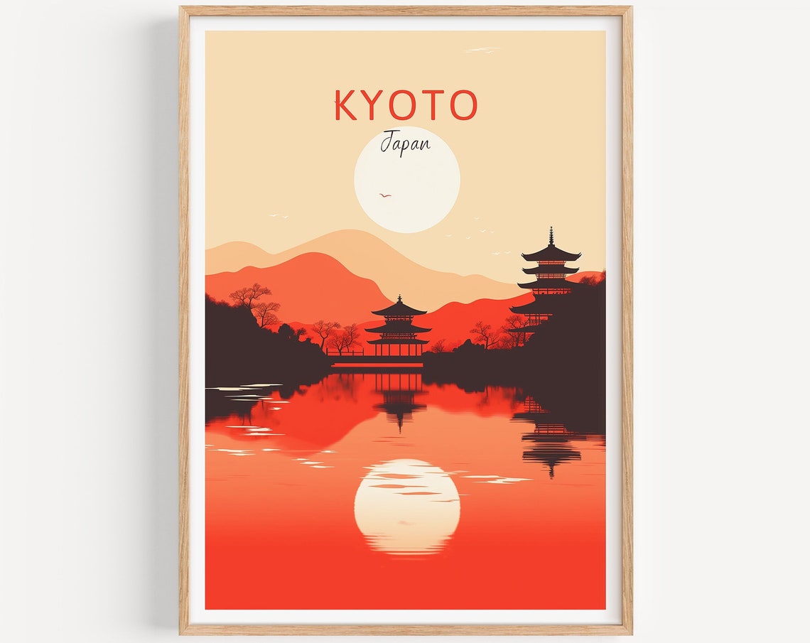 Kyoto Japan Poster Temples at Sunset Red Reflection on Water Art