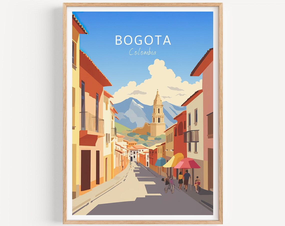Bogota Colombia Historic Street Mountain View Vintage Travel Poster