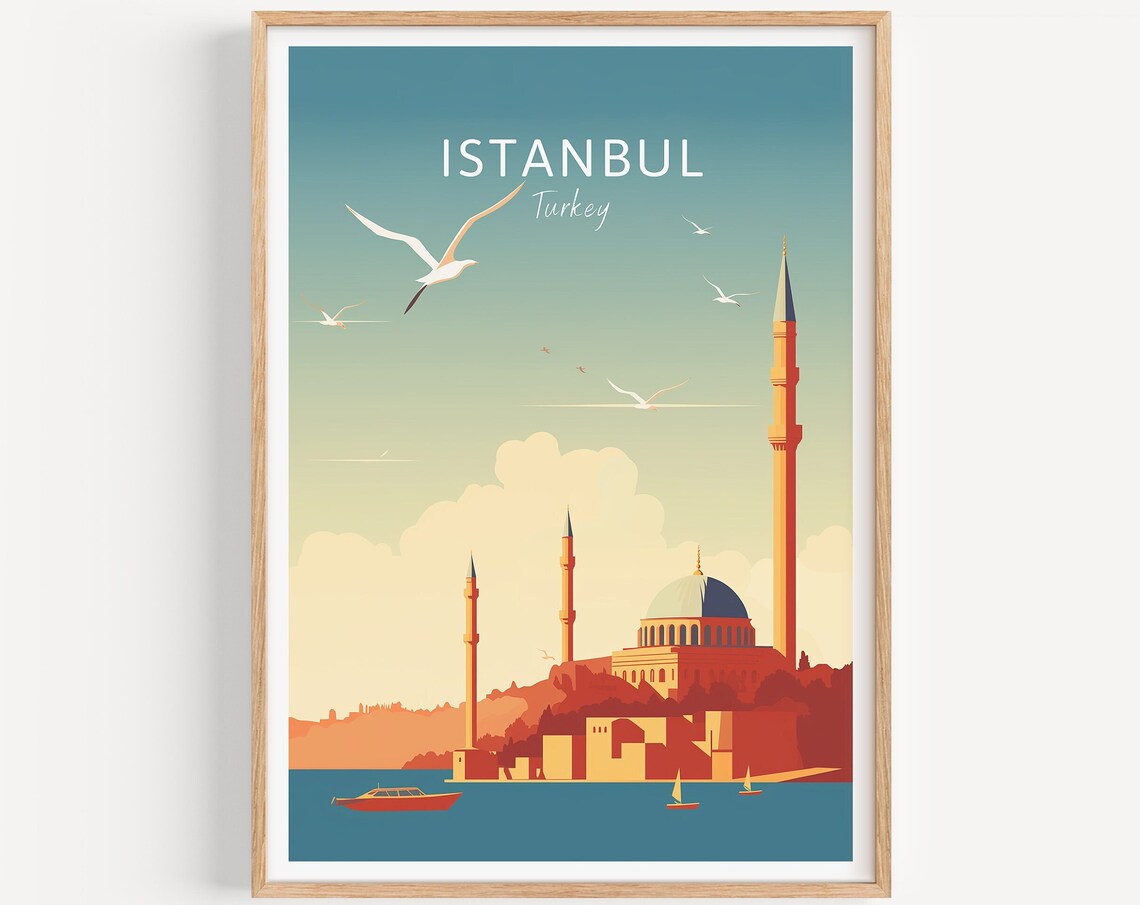 Istanbul Turkey Waterfront Mosque Minarets Seagulls Travel Poster