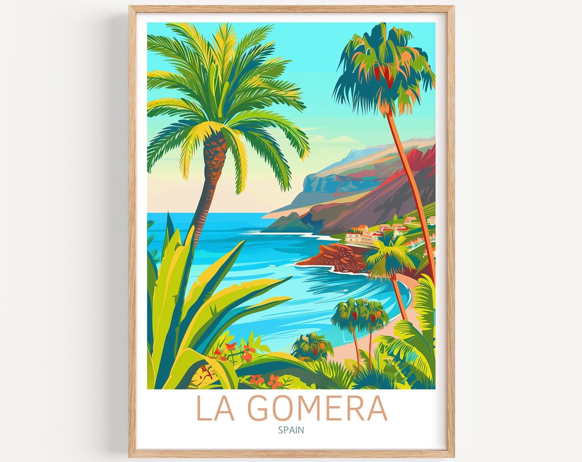 La Gomera Spain Canary Islands Palm Beach Bay Coastal Travel Poster