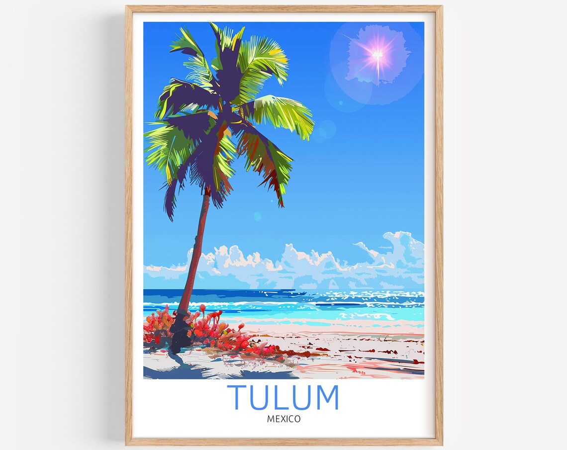 Tulum Mexico Lonely Palm Tree Beach Illustrated Travel Poster