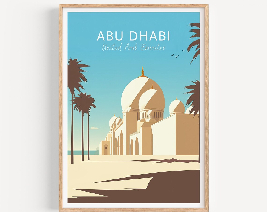 Abu Dhabi UAE Grand Mosque Palm Trees Illustrated Travel Poster