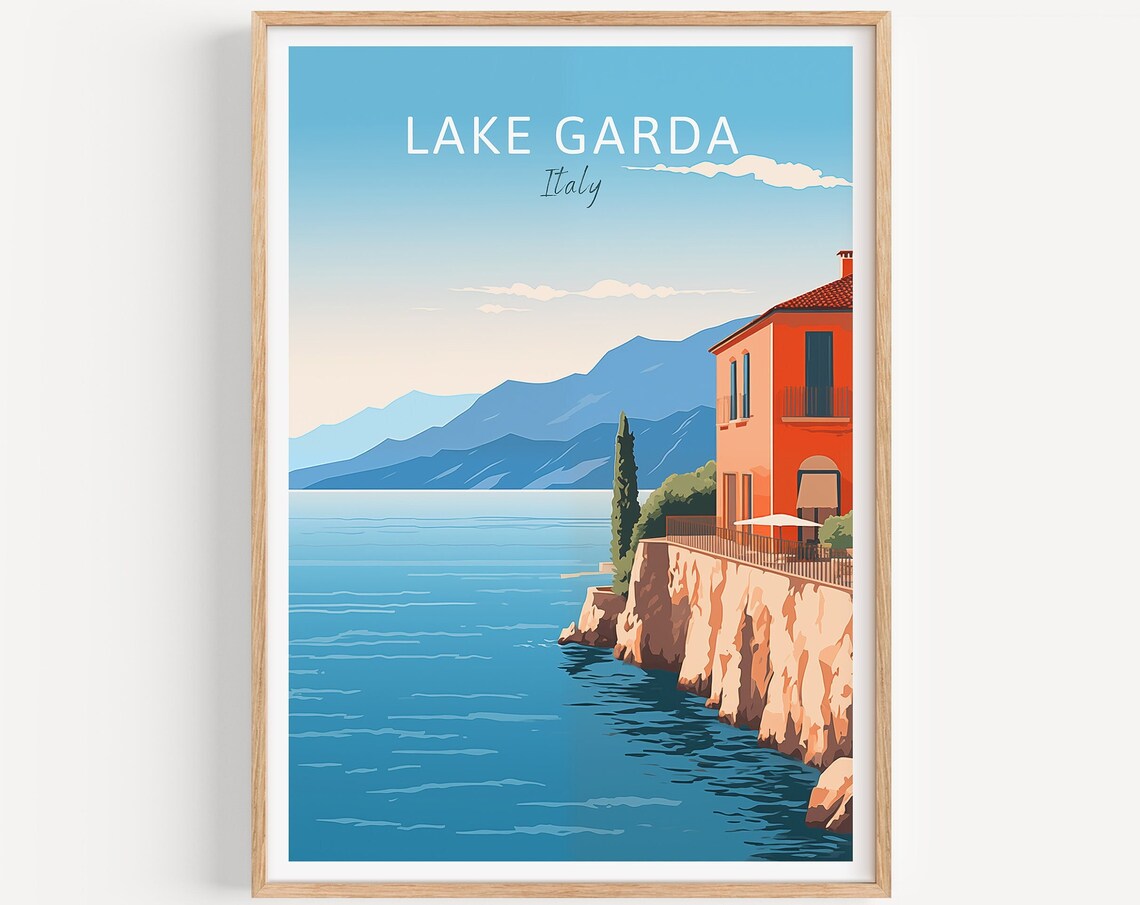Lake Garda Italy Lakeside Villa Mountain View Vintage Travel Poster