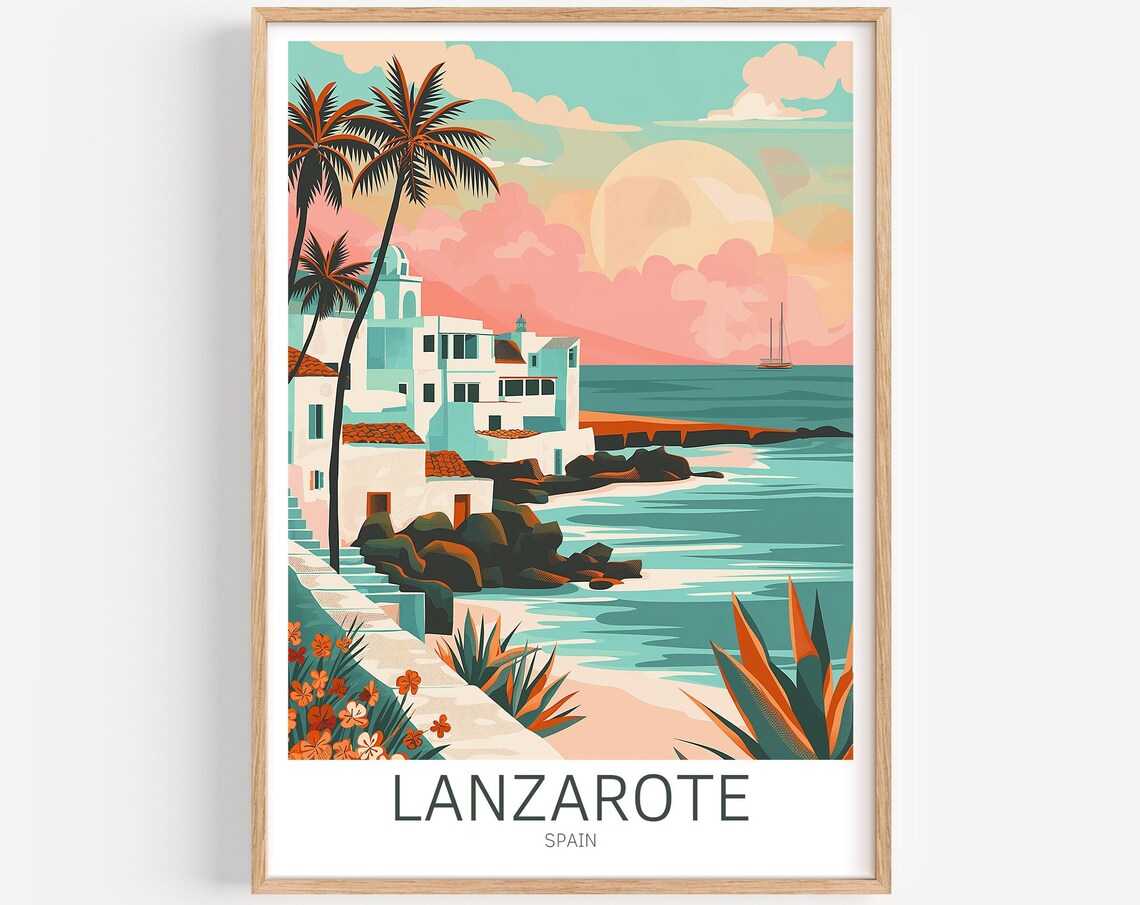 Lanzarote Spain Whitewashed Seaside Village Palms Travel Poster