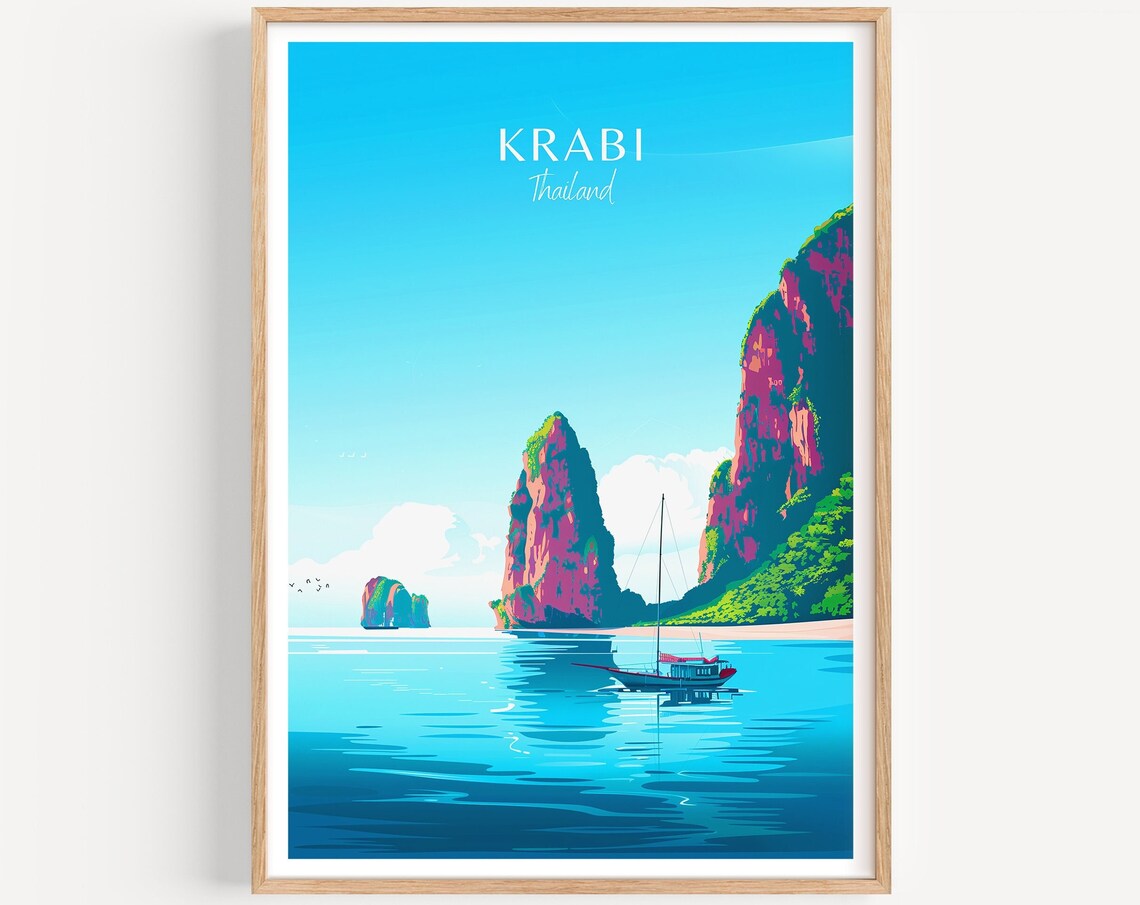 Krabi Thailand Limestone Sea Cliffs Karsts and Boat Travel Poster