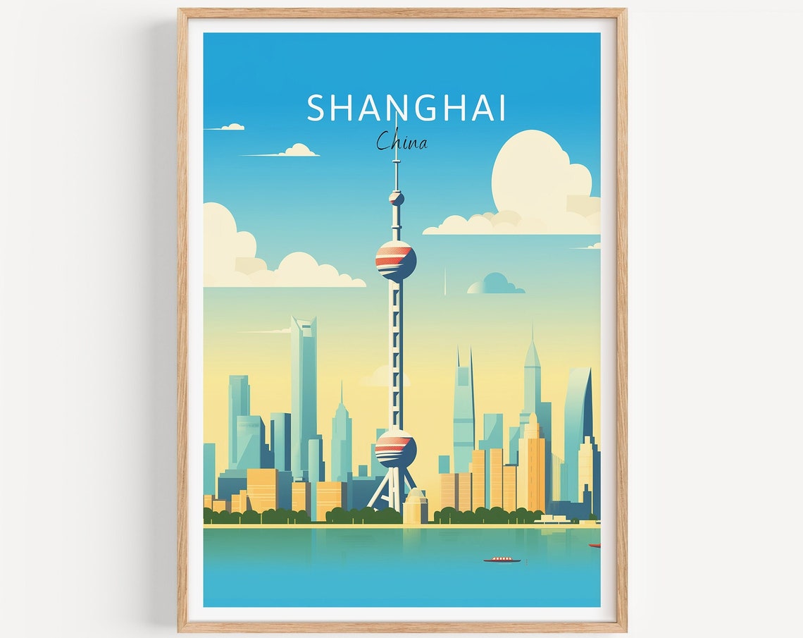 Shanghai China Poster Oriental Pearl Tower Skyline River View Art