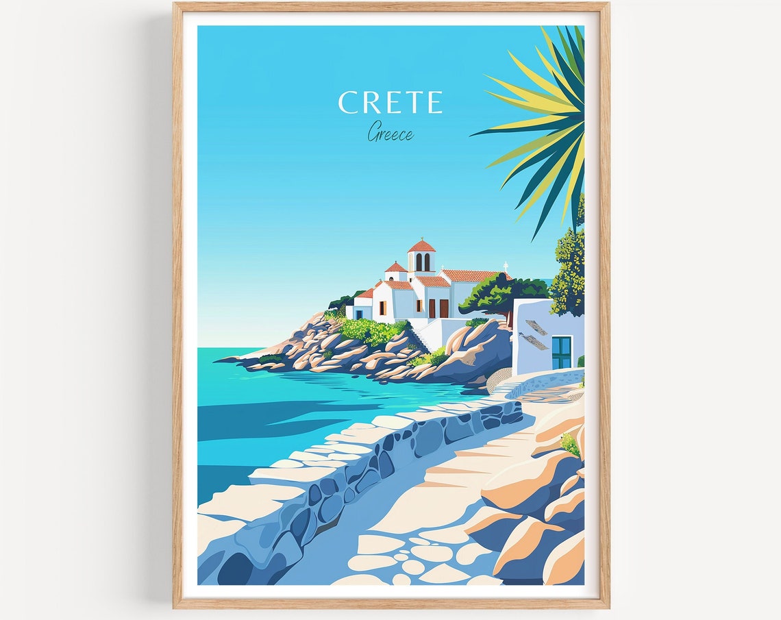 Crete Greece White Chapel Rocky Coast Turquoise Sea Path Poster