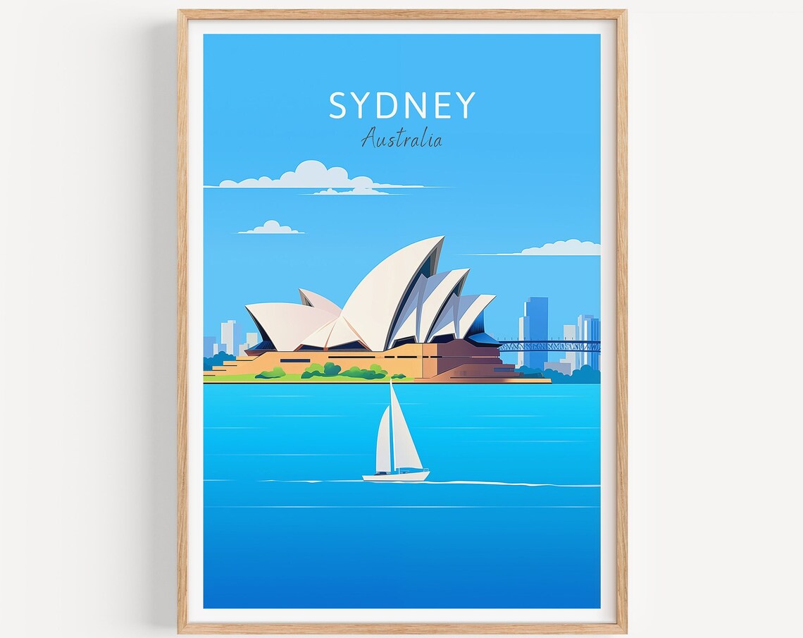 Sydney Australia Opera House Harbor Sailboat Vintage Travel Poster