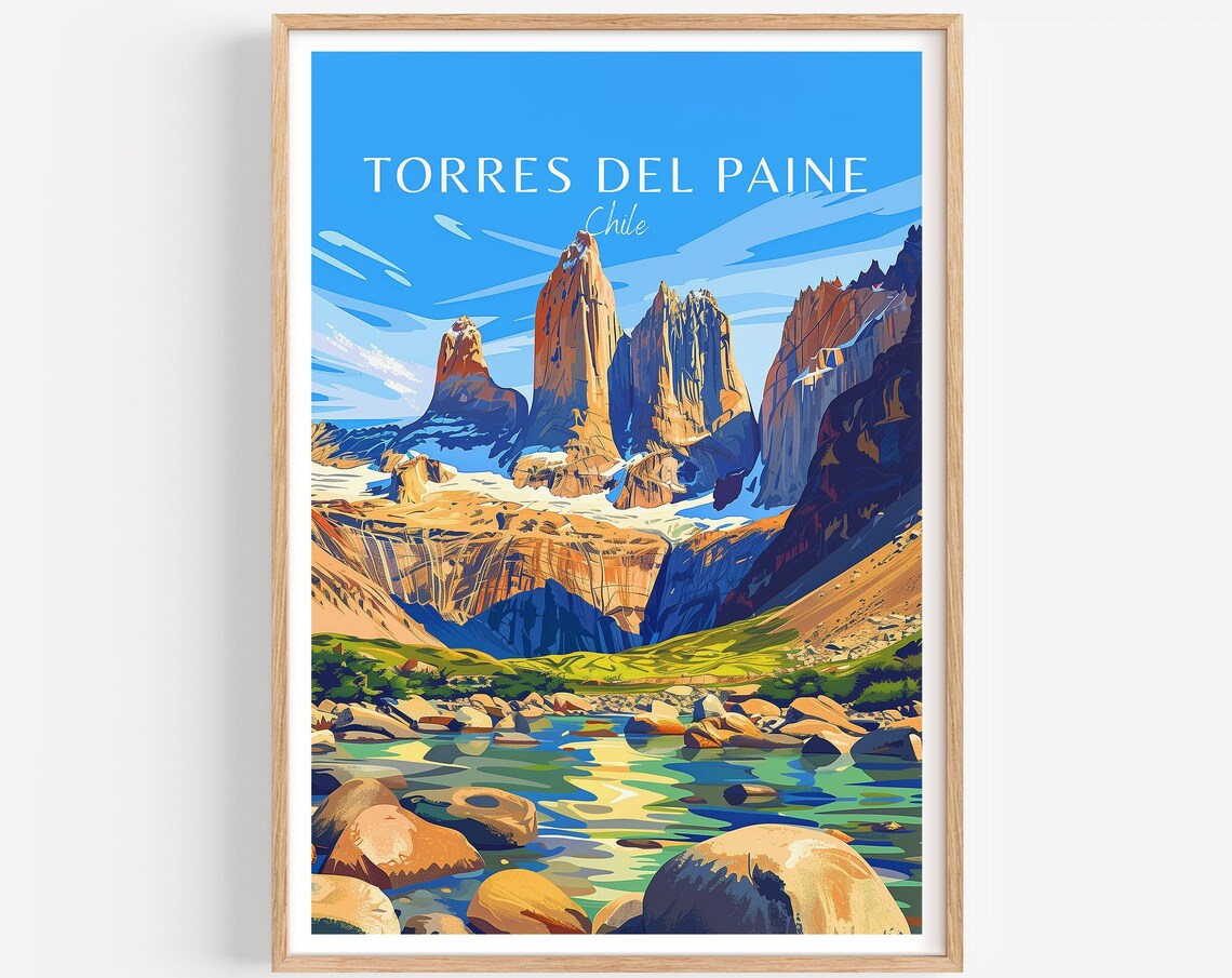 Torres Del Paine Chile Granite Peaks River Retro Travel Art Poster