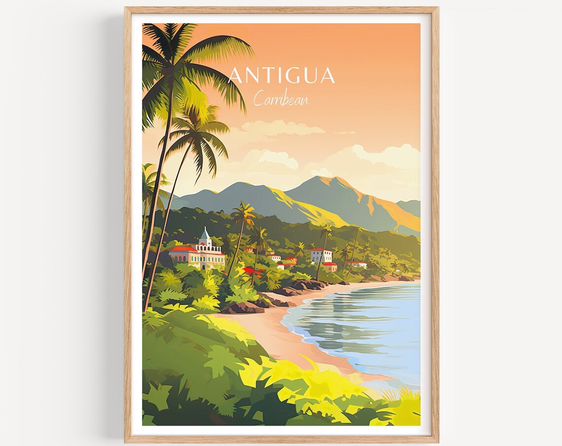 Antigua Caribbean Island Beach Palm Trees Mountain View Travel Poster