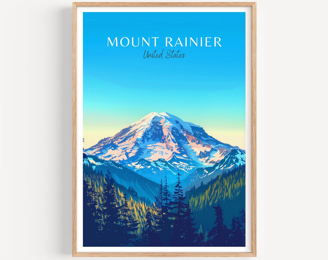 Mount Rainier United States Minimalist Snow Peak Pine Forest Poster