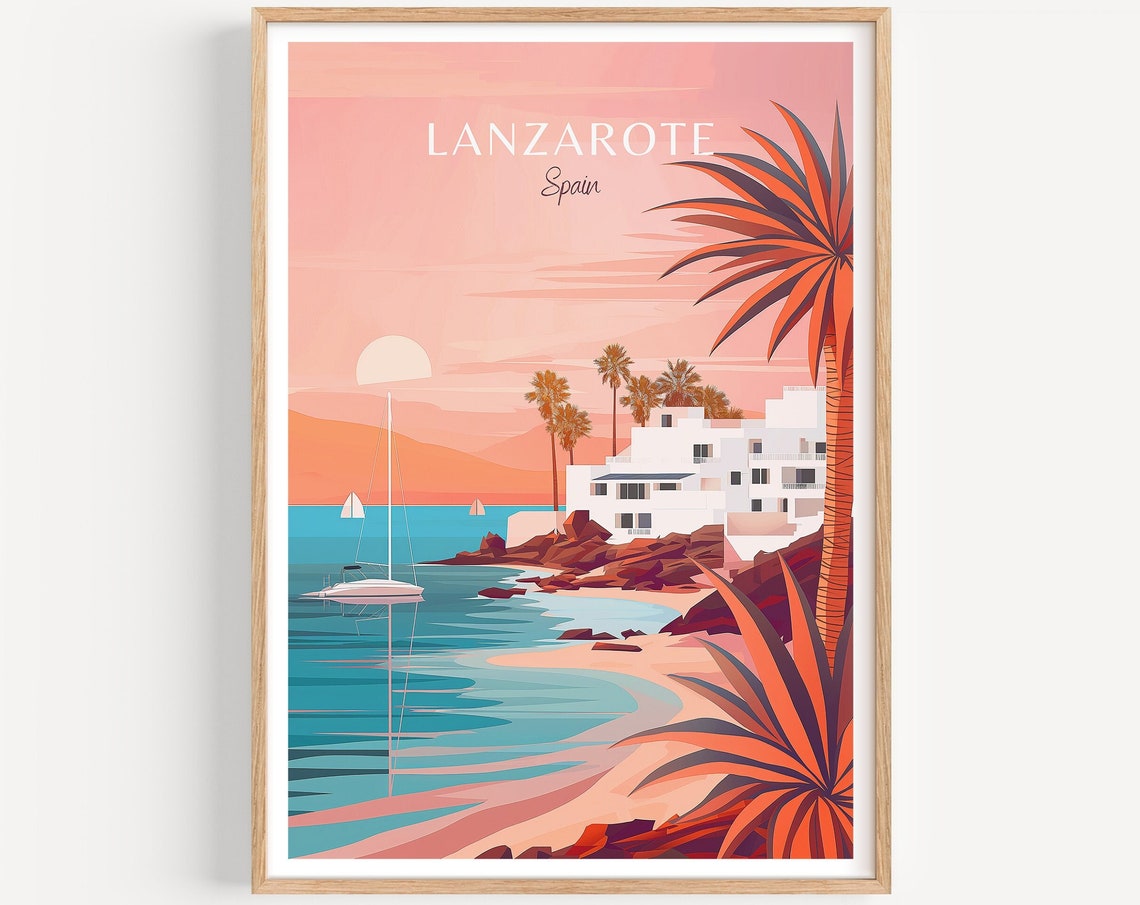 Lanzarote Spain Sailboat Pink Sunset Palm Shore Travel Poster
