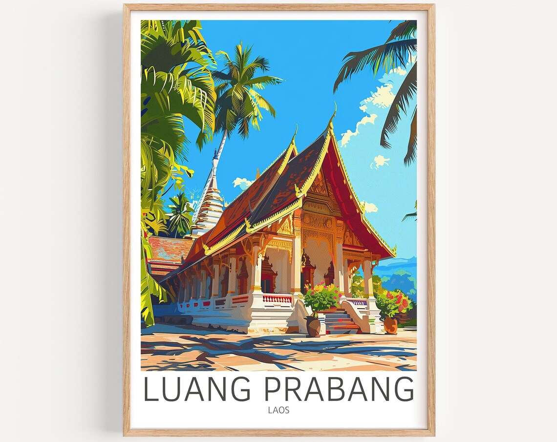 Luang Prabang Laos Golden Temple Palm Trees Travel Art Poster