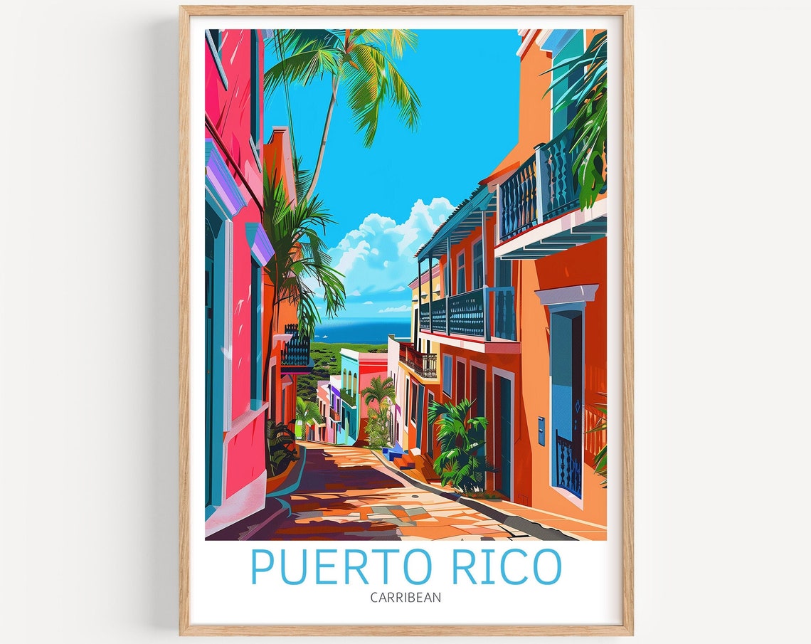 Puerto Rico Caribbean Vibrant Old Town Street Balcony Palms Poster