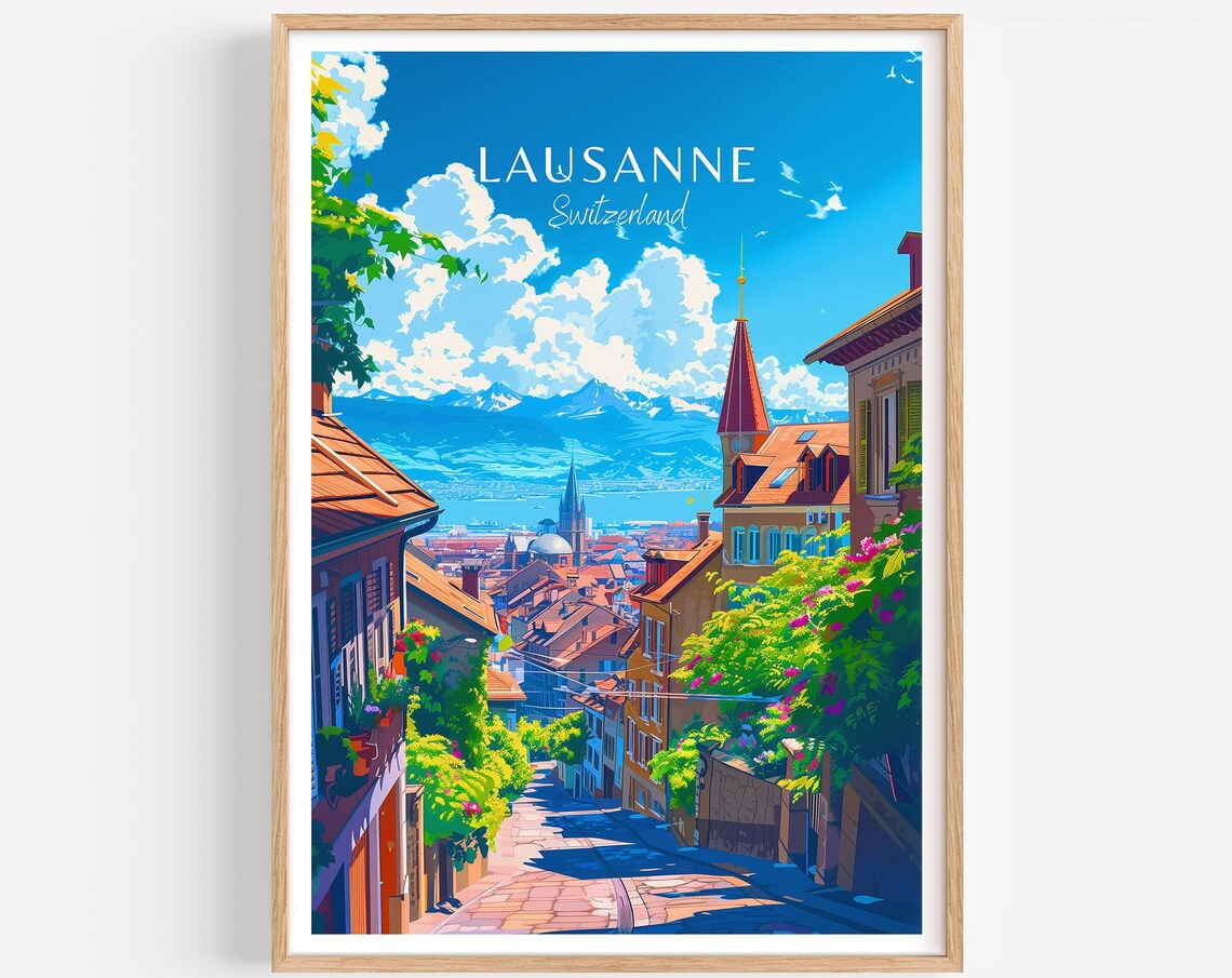 Lausanne Switzerland Travel Poster Old Town Street Lake Alps View