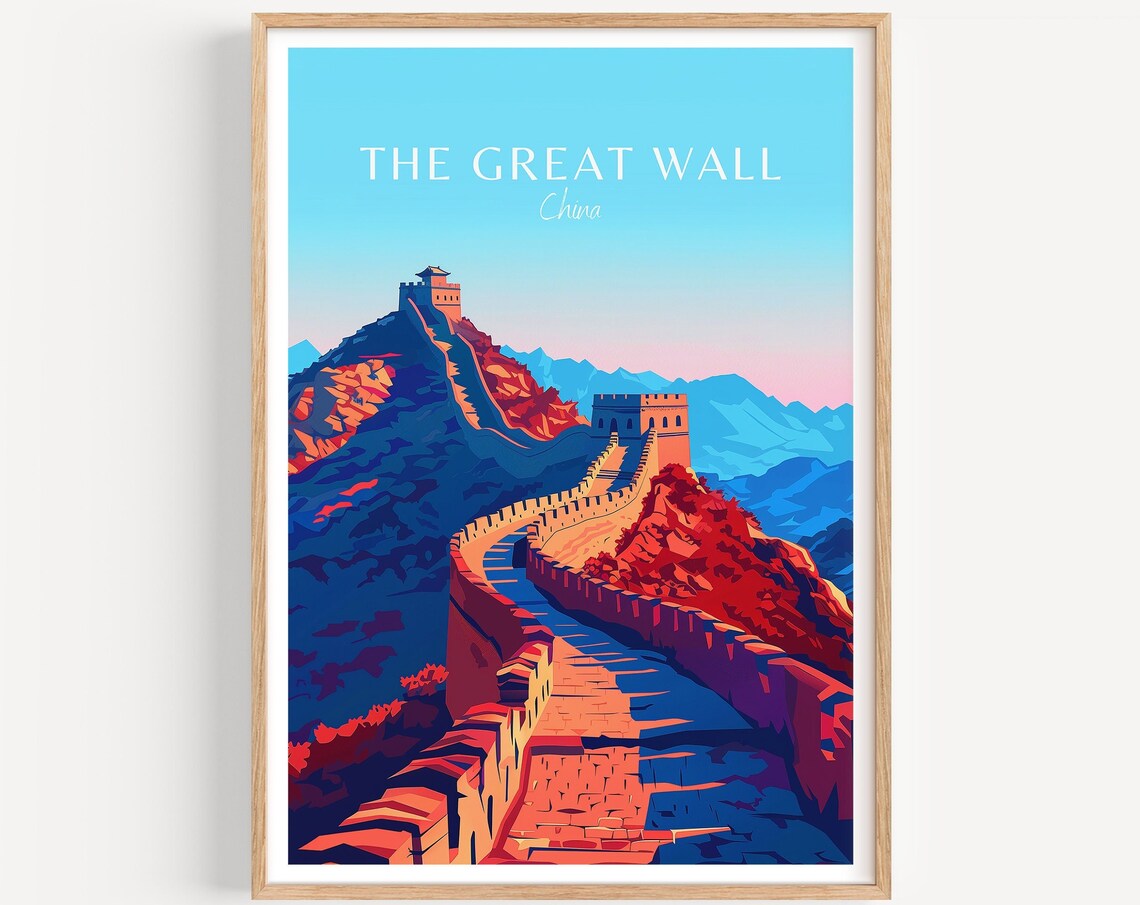 Great Wall China Blue Sky Watchtower Retro Travel Art Poster