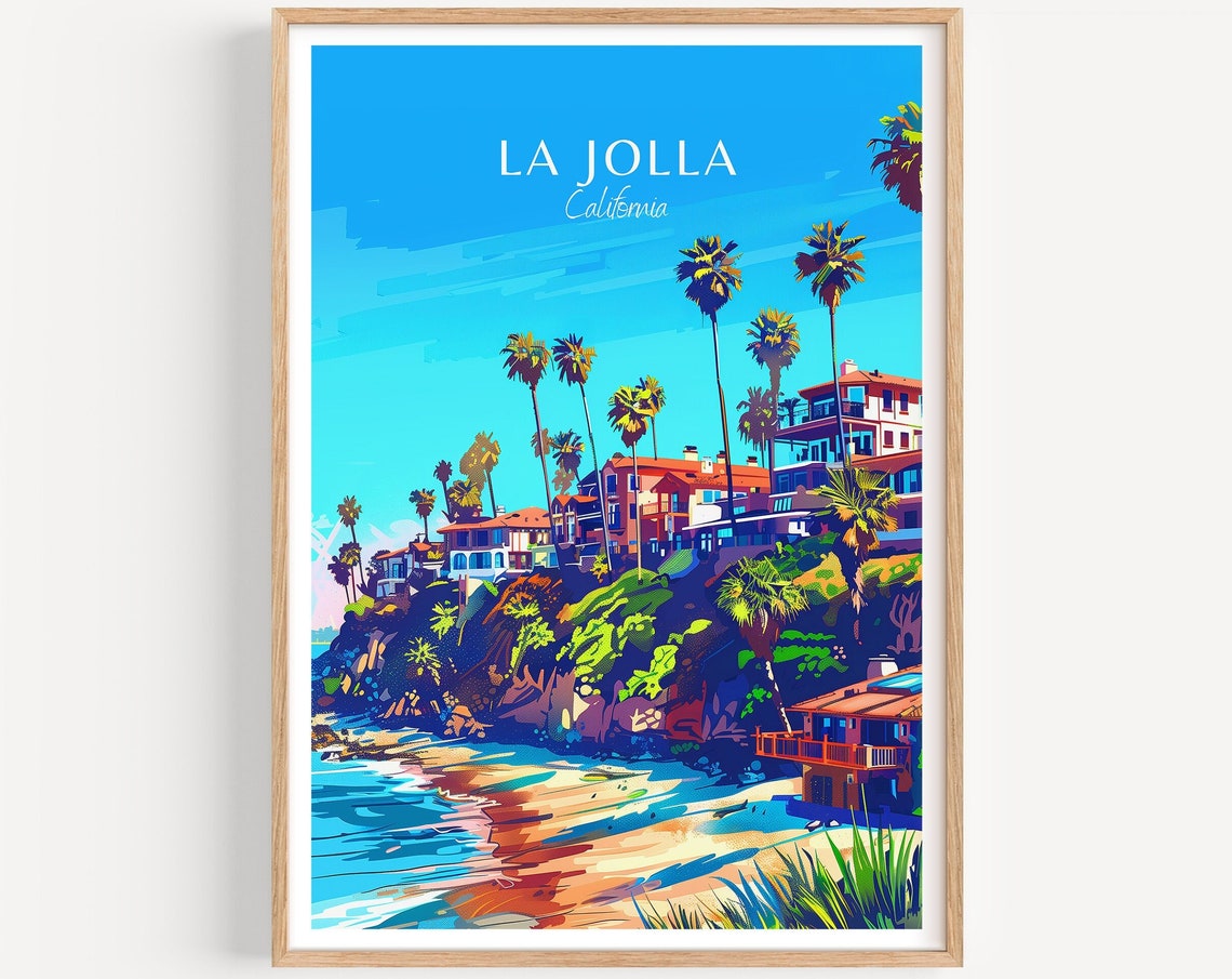 La Jolla California Cliffside Villas Palm Trees Coves Beach Poster