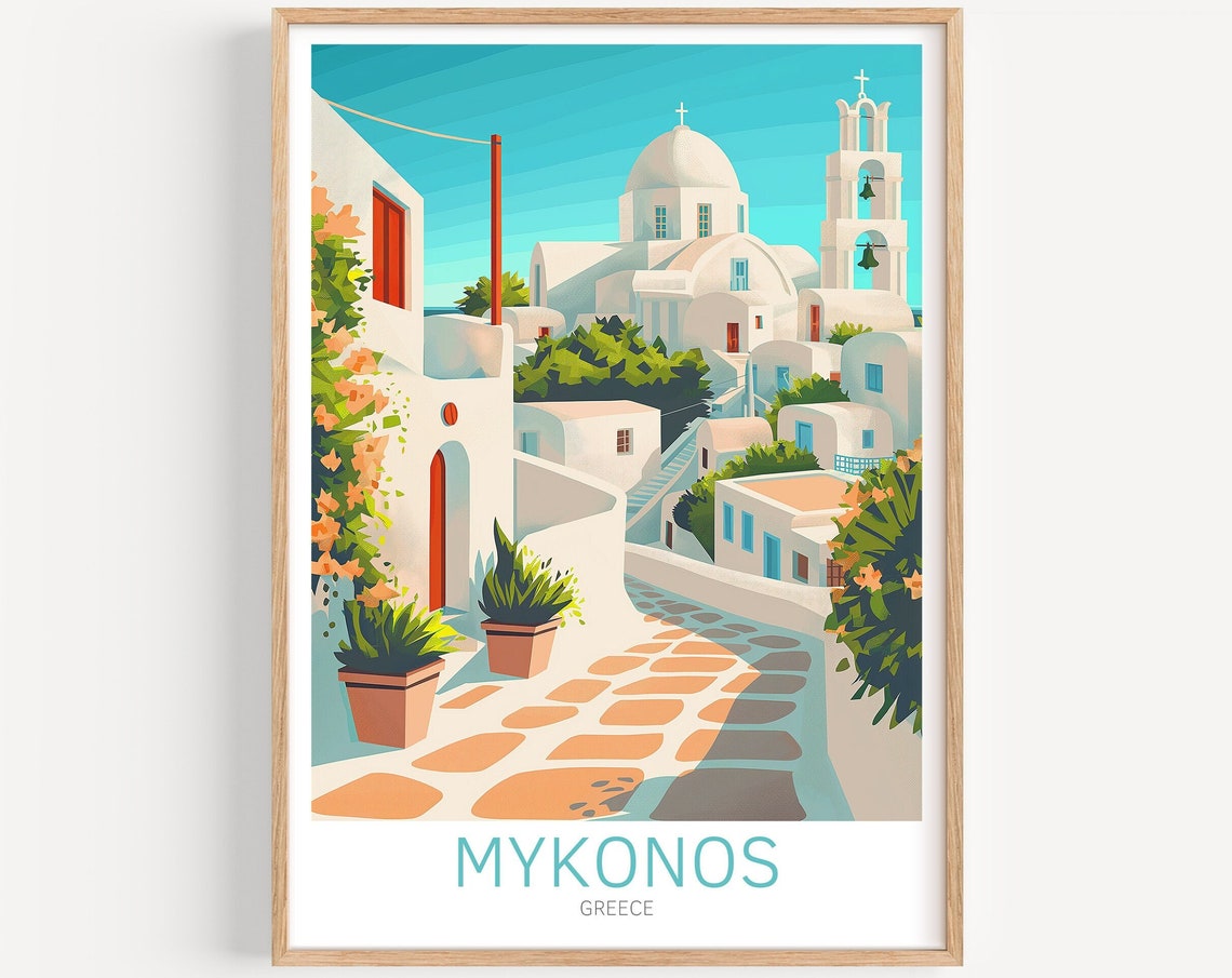 Charming Sunny Mykonos Greece Whitewashed Village and Church Poster