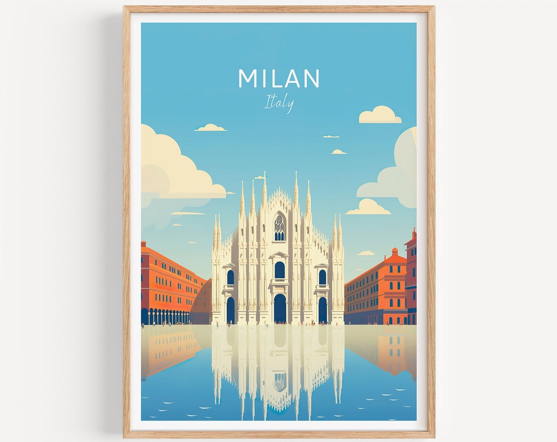 Milan Italy Duomo Cathedral Reflection Vintage Travel Poster
