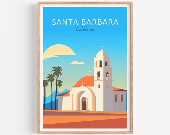 Santa Barbara California Poster Spanish Mission Church Palms Sun Art