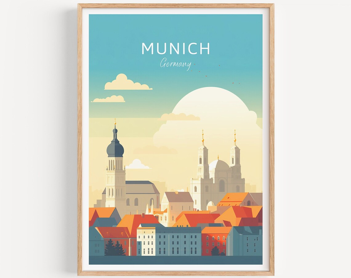 Munich Germany Poster Old Town Church Towers Warm Minimalist Art