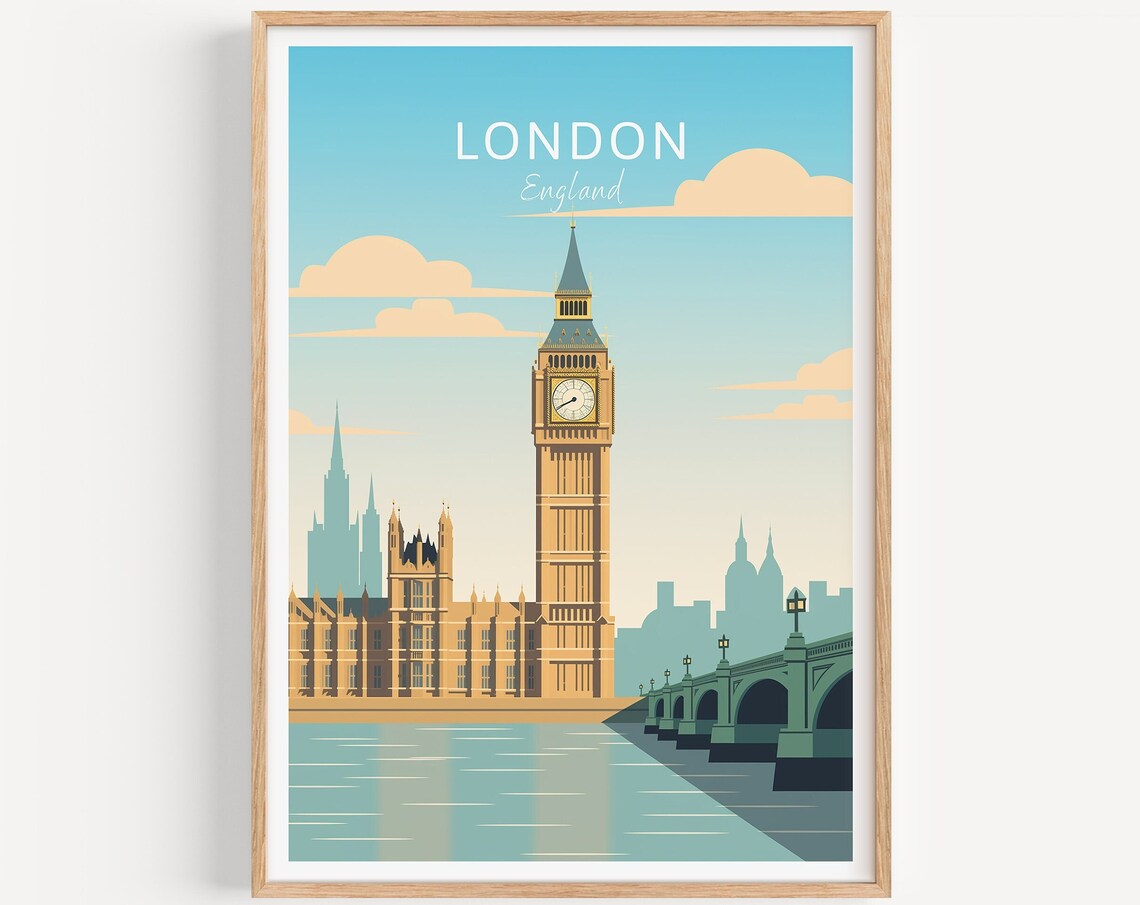 London England Poster Big Ben and Westminster Bridge Scenic Art