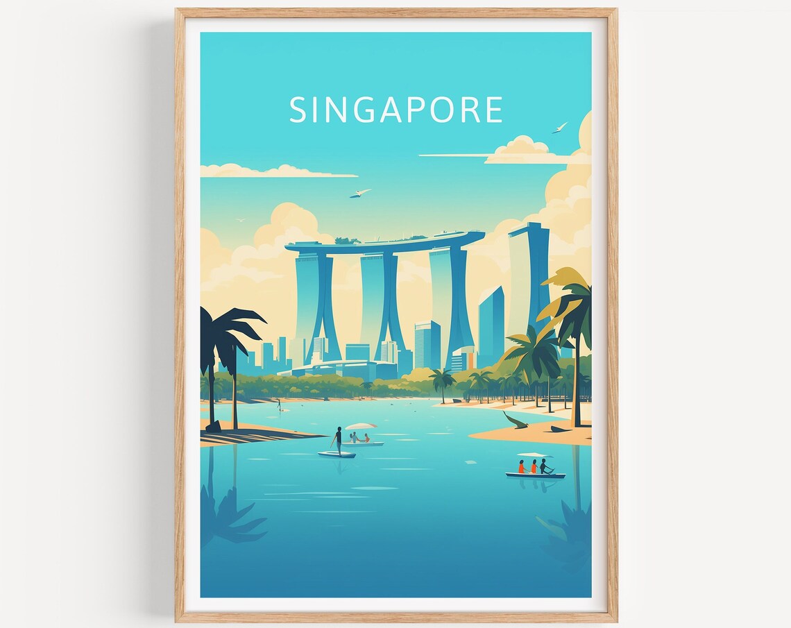 Singapore Marina Bay Skyline Tropical Waterfront Travel Poster
