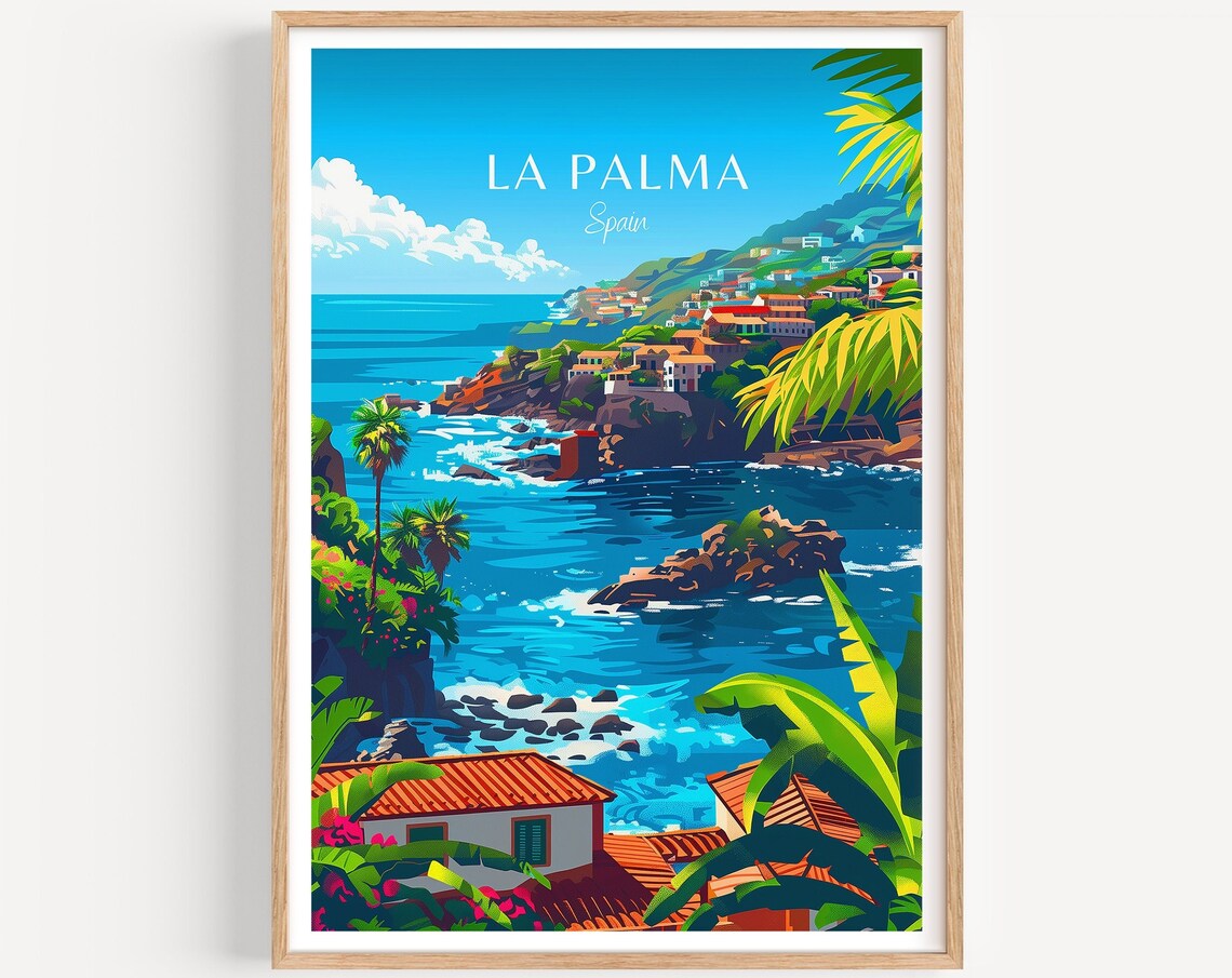 La Palma Spain Cliffside Village Turquoise Cove Travel Art Poster