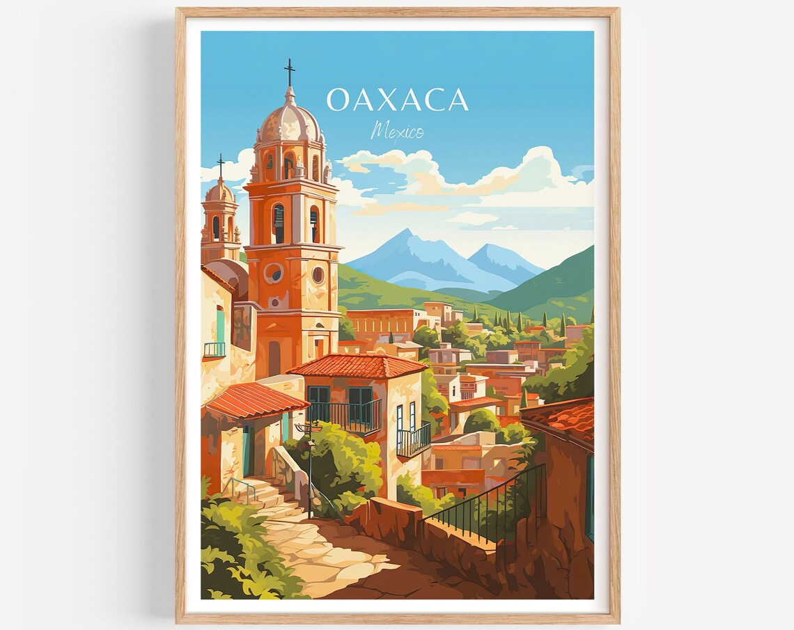 Oaxaca Mexico Poster Colonial Church Hillside Town Colorful Art