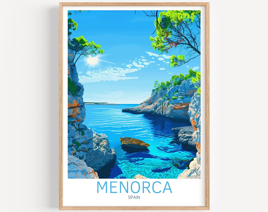 Menorca Spain Sunlit Cove Rocky Cliffs Pine Trees Travel Poster