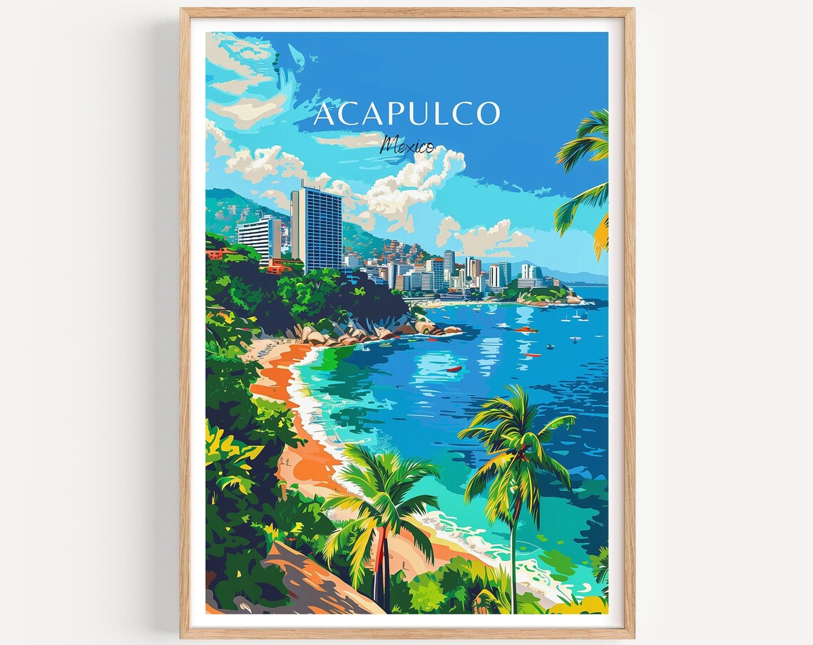 Acapulco Mexico Bay City Skyline Palms Illustrated Travel Poster