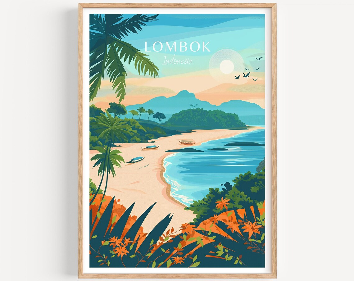 Lombok Indonesia Curving Beach with Boats and Green Hills Poster