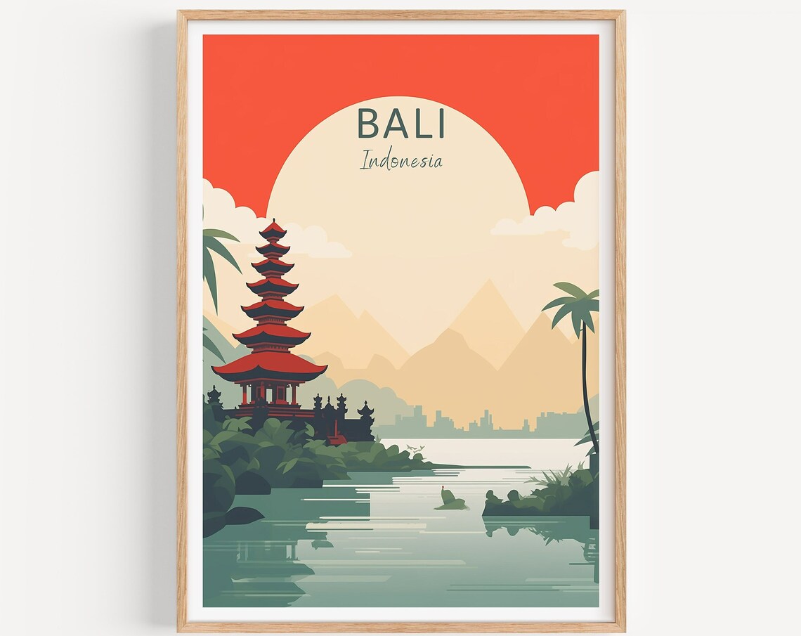 Bali Indonesia Poster Temple Pagoda Sunset Over Water Travel Art