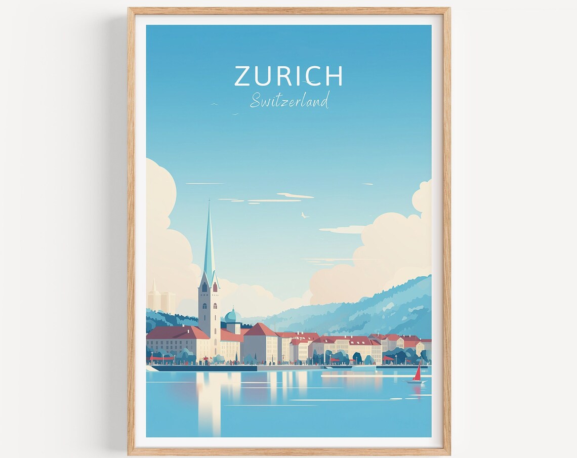 Zurich Switzerland Poster Lakeside Church Spire Boats Blue Water Art