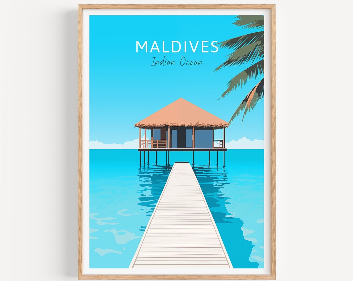 Maldives Poster Overwater Bungalow Pier Turquoise Indian Ocean Art