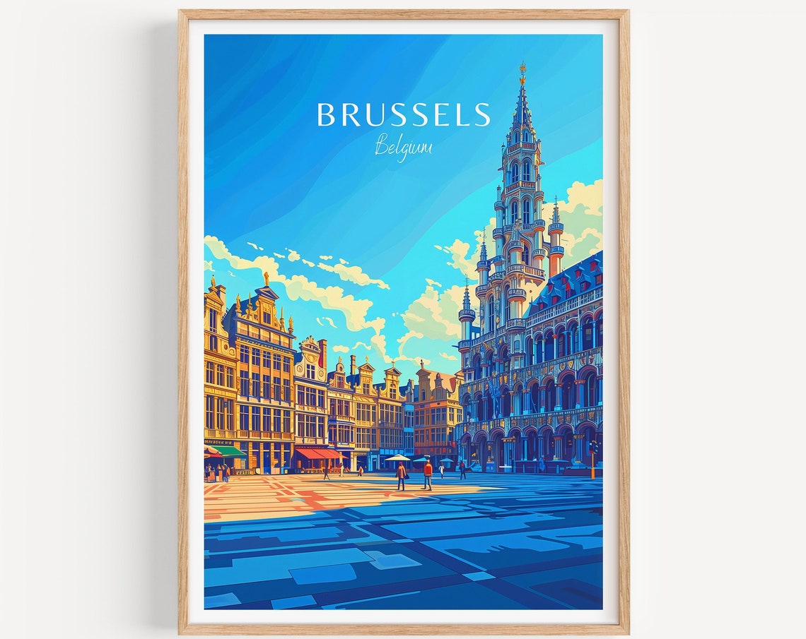 Brussels Belgium Grand Place Evening Glow Vintage Travel Poster