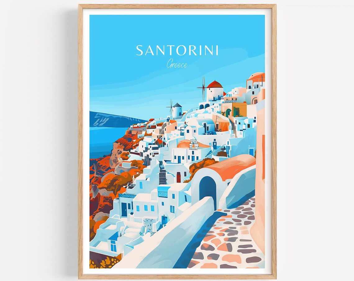 Santorini Greece Whitewashed Village Caldera Travel Art Poster