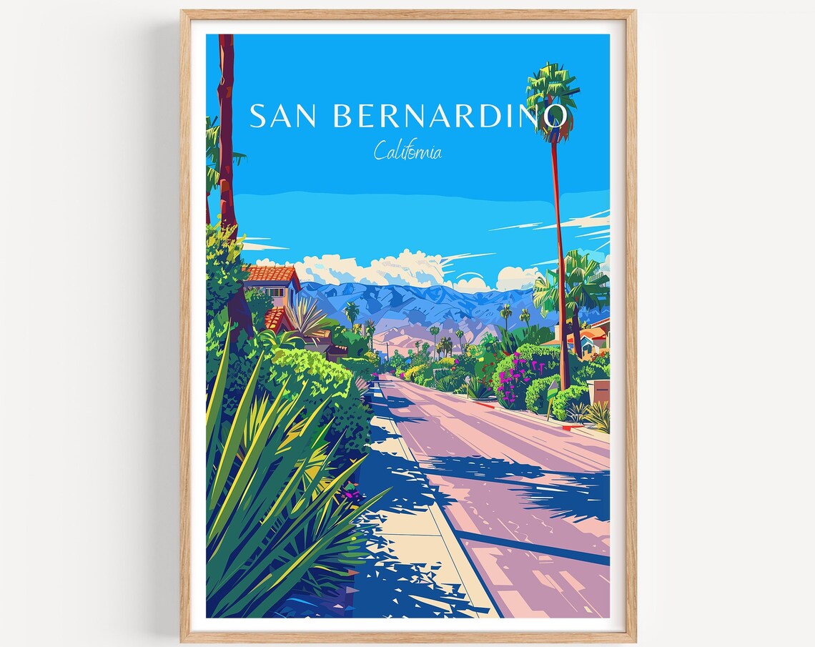 San Bernardino California Travel Poster Palm Lined Street Mountains