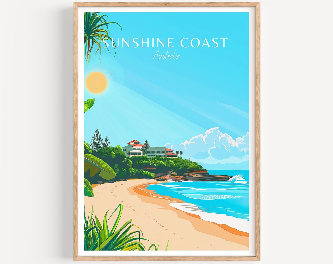 Sunshine Coast Australia Golden Beach Headland Travel Art Poster