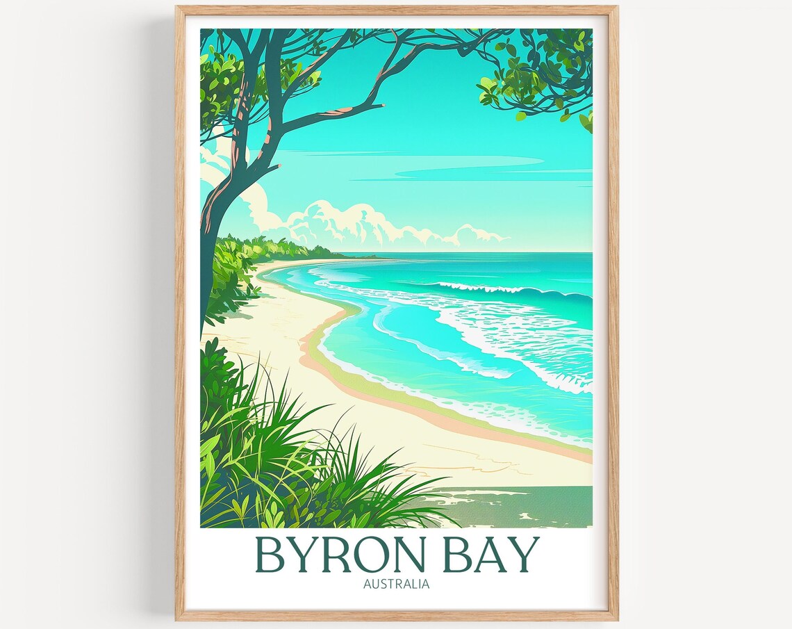 Byron Bay Australia Sandy Beach Palm Shade Vintage Travel Poster