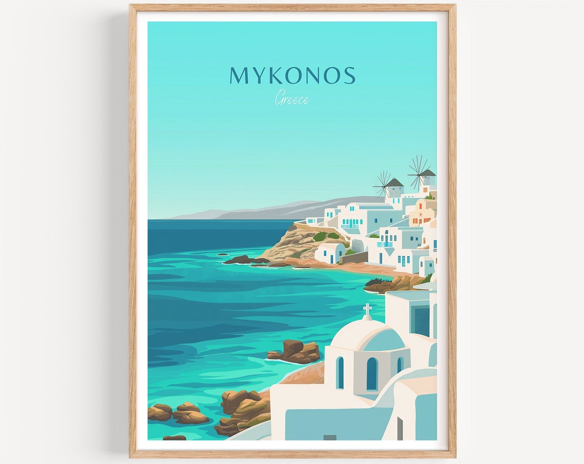 Mykonos Greece Whitewashed Village with Windmills and Sea Poster
