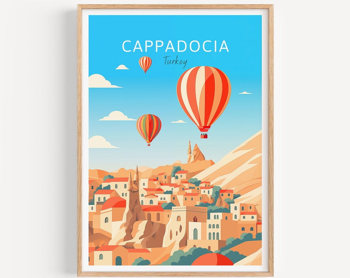 Cappadocia Turkey Poster Hot Air Balloons Over Rocky Town Valley Art