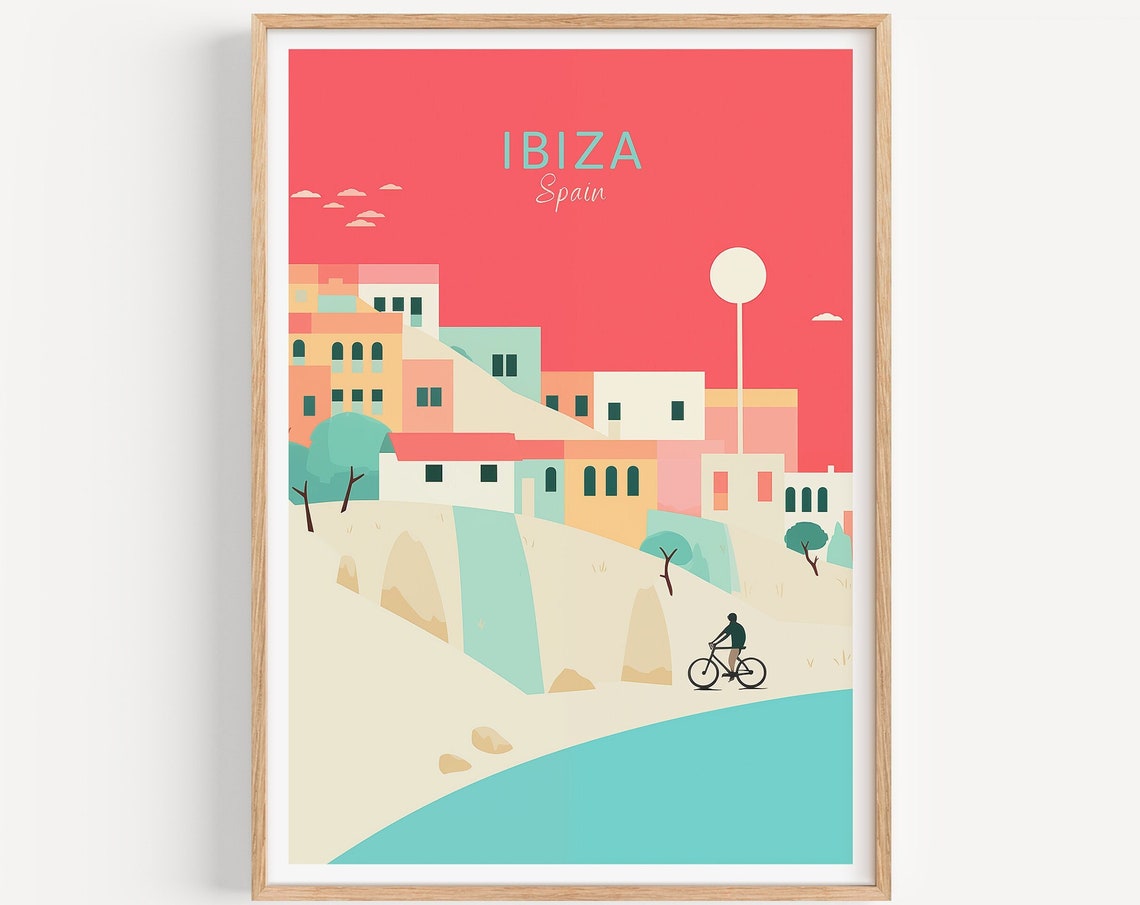 Ibiza Spain Poster Colorful Hillside Town Cyclist by the Sea Art