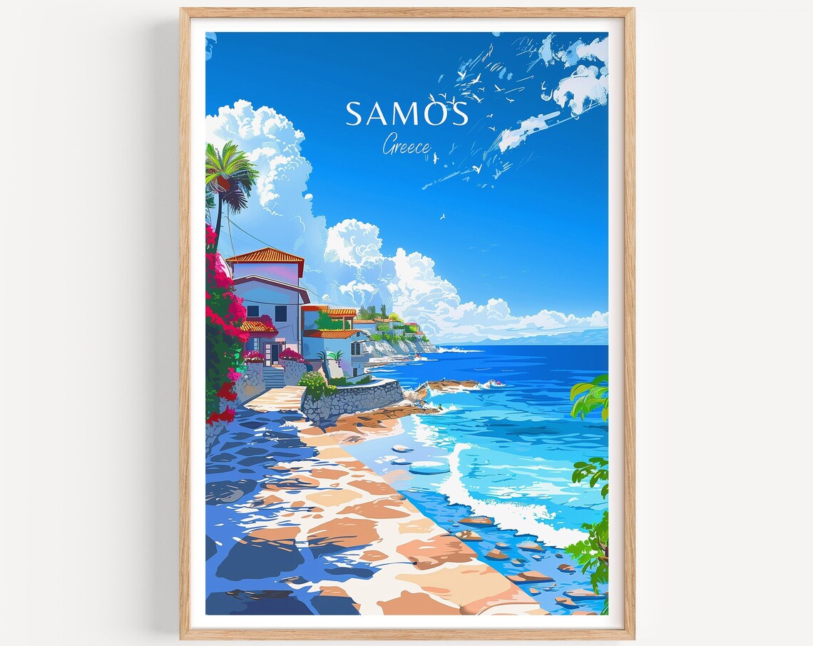 Samos Greece Island Seaside Village White Houses Travel Poster