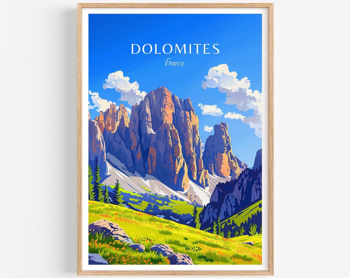 Dolomites Alpine Peaks Wildflower Meadow Illustrated Travel Poster