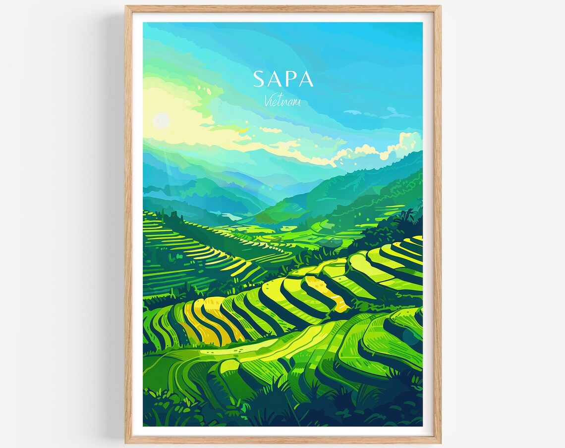 Sapa Vietnam Rice Terrace Mountain Sunrise Illustrated Travel Poster