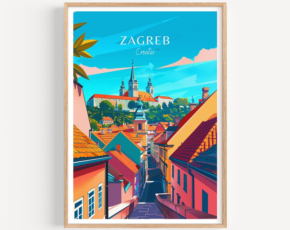 Zagreb Croatia Old Town and Castle Hill Illustrated Travel Poster