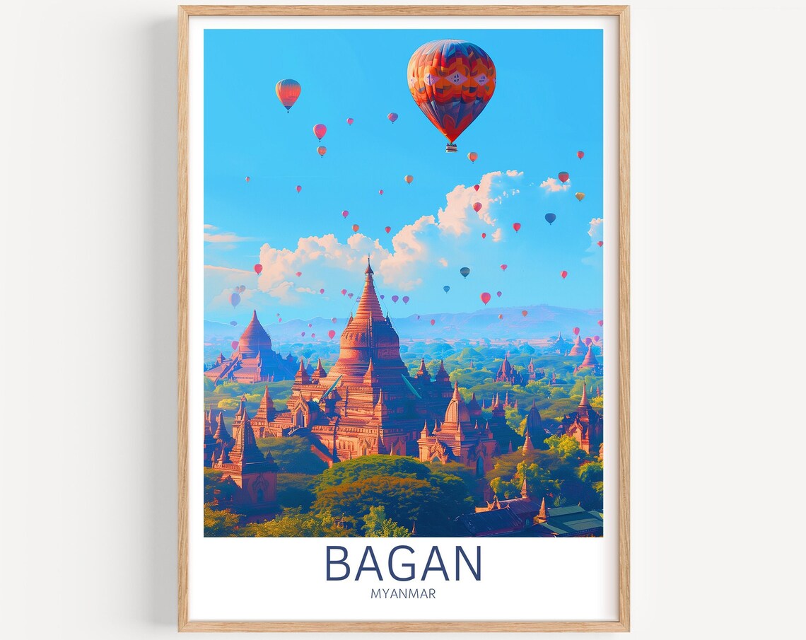 Bagan Myanmar Temples Hot Air Balloons Illustrated Travel Poster