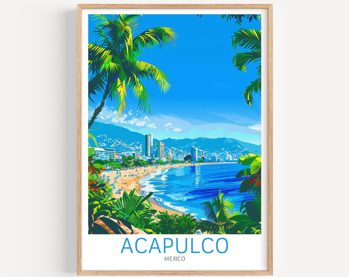Acapulco Mexico Tropical Beach Bay City Illustrated Travel Poster