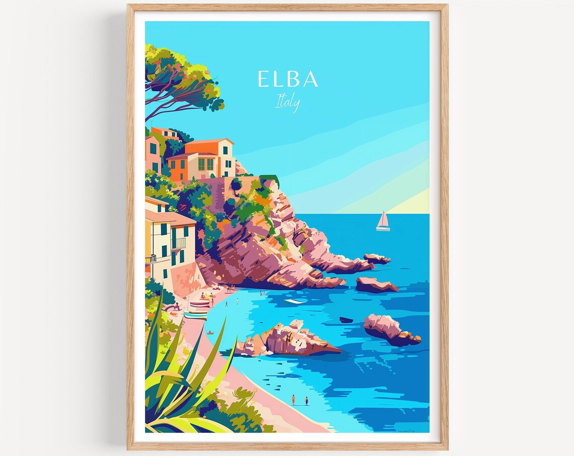 Elba Italy Coastal Cliffside Village Cove Illustrated Travel Poster